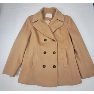 Fleurette Loro Piana 100% Wool Pea Coat Camel Tan Double Breasted Size 14